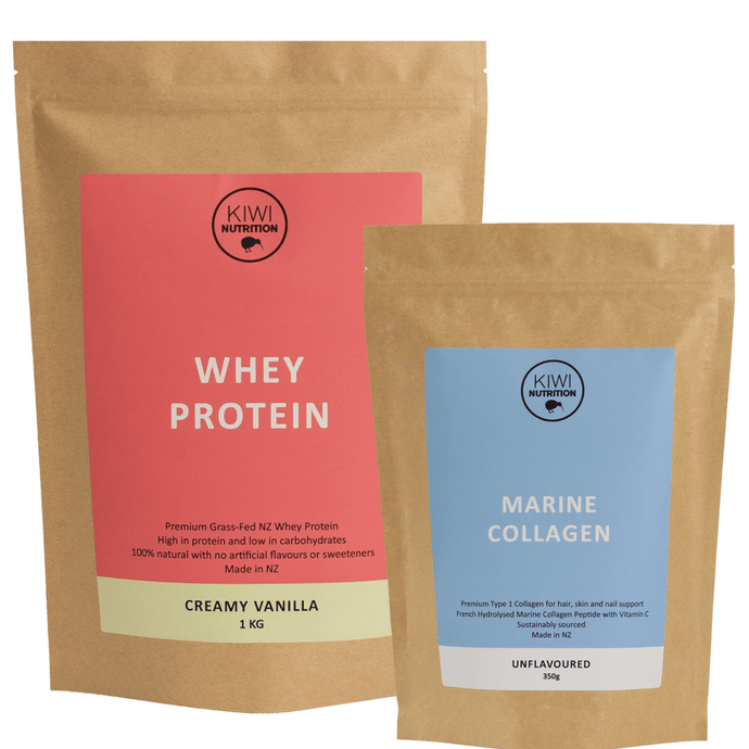 Whey Protein Isolate Collagen Powder NZ, Marine Collagen Powder, Kiwi Nutrion Collagen Whey Bundle Pack